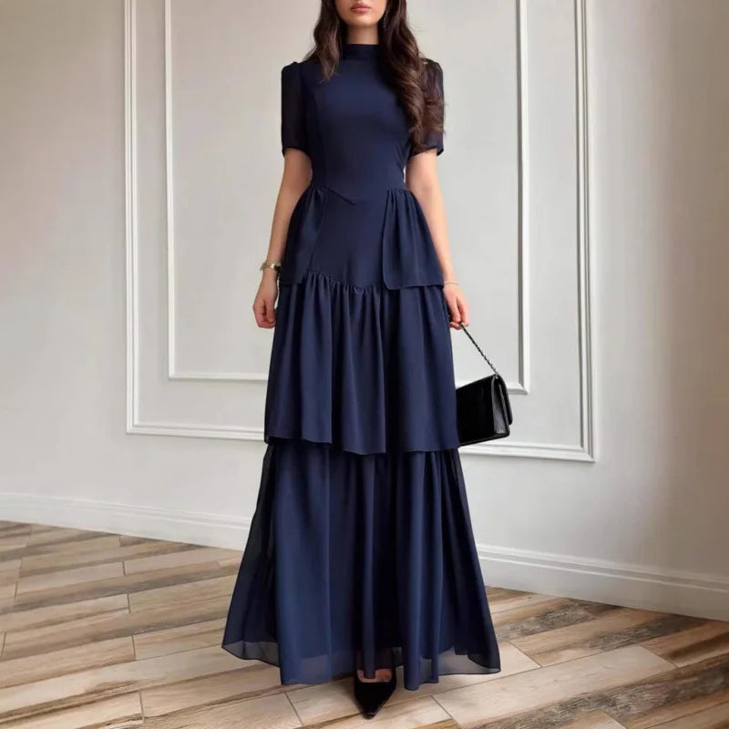 2026 Elegant Dresses For Woman Party Wedding Evening Dress Vestido Temperament Retro Short Sleeves Pleated Solid Color Slim Chic