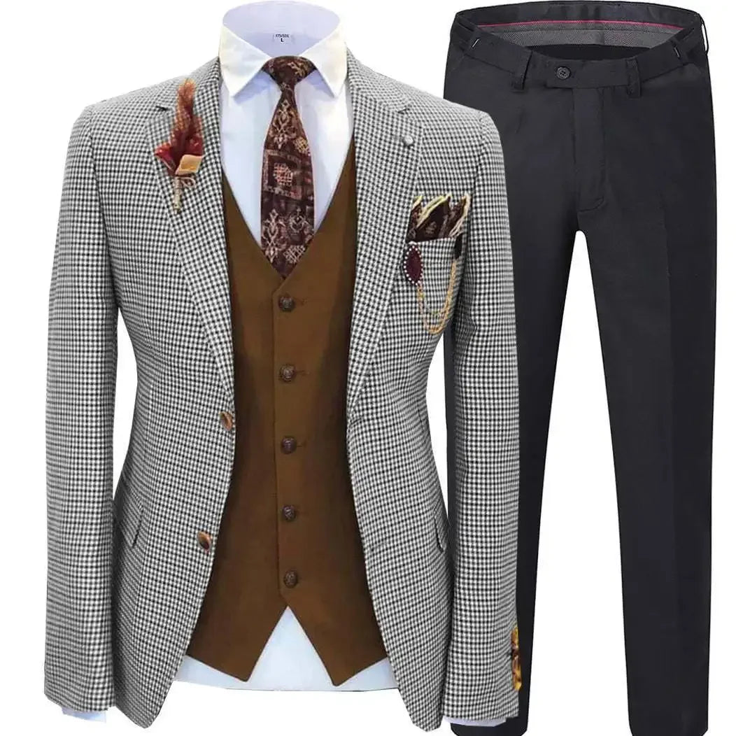 Men wedding Suits Prom Tuxedos Wool Blend Plaid Slim fit Vintage Checked Suit Groomsmen For Wedding (Blazer+Vest+Pants)