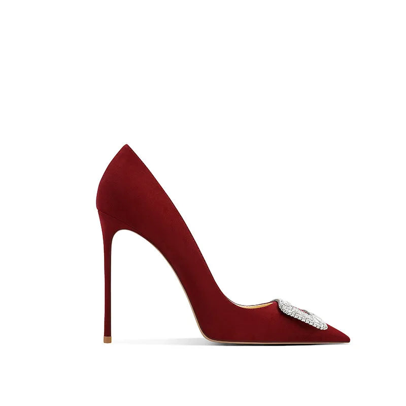 Wine Red High Heels for Women in Autumn, Slim Heels, Elegant Temperament, Square Buckle, Pointed Toe, Perfect Single Shoes for a