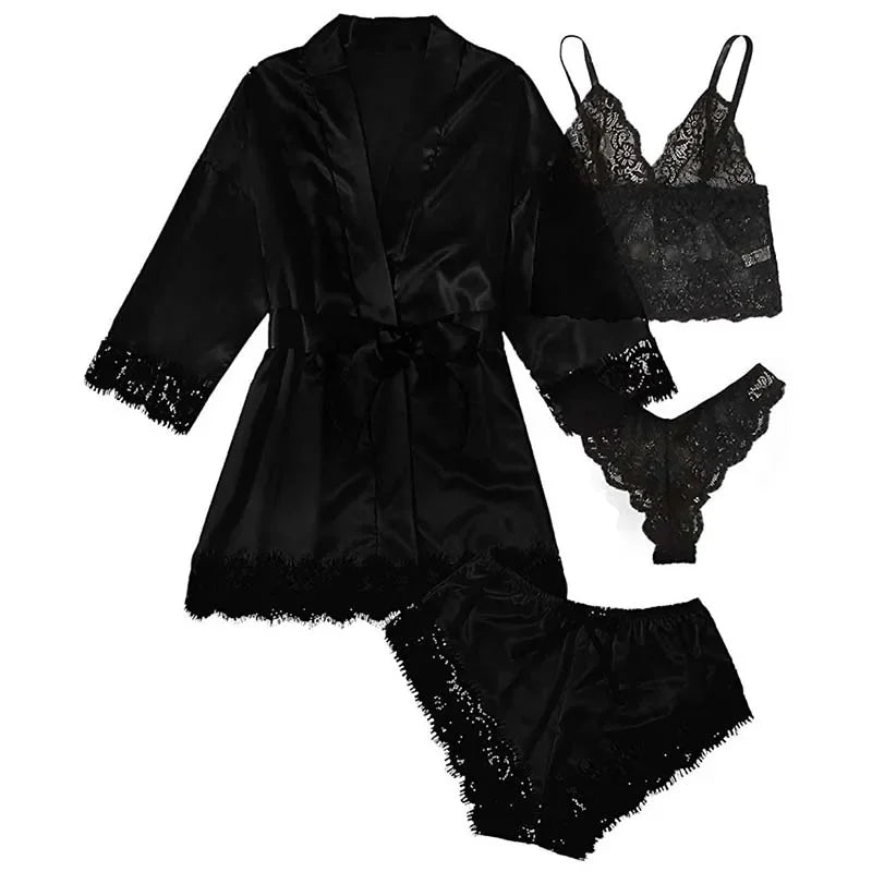 Women 4 Piece Sleepwear Pajamas Set Sexy Lace Robe Lingerie Silk Satin Bathrobe Home Nightwear Clothes