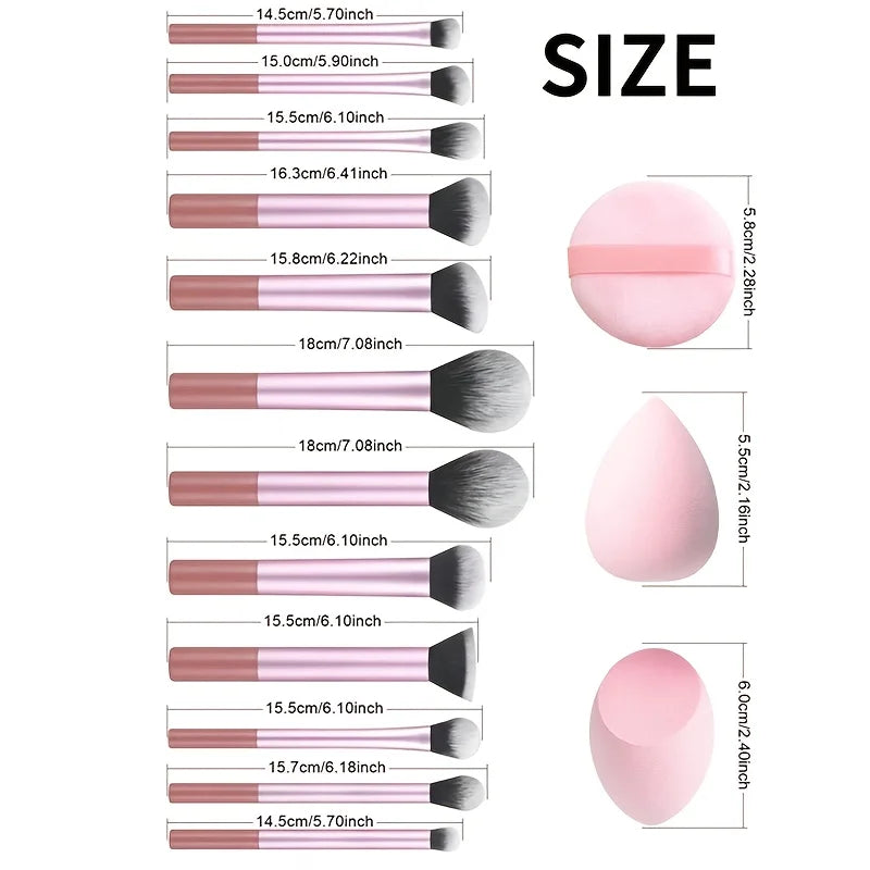 12Pcs Pink Makeup Brushes Set with 2 Beauty Sponges & Powder Puff, Soft Synthetic Hair Cosmetic Brush for Foundation Blush Eyesh