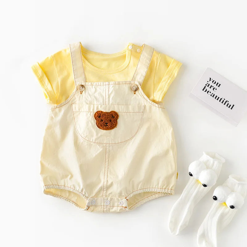 2025 Summer Baby Romper for 0 - 2 Years Old Bear Embroidered Open Crotch Infant Clothes, Lightweight and Adorable Overall Style