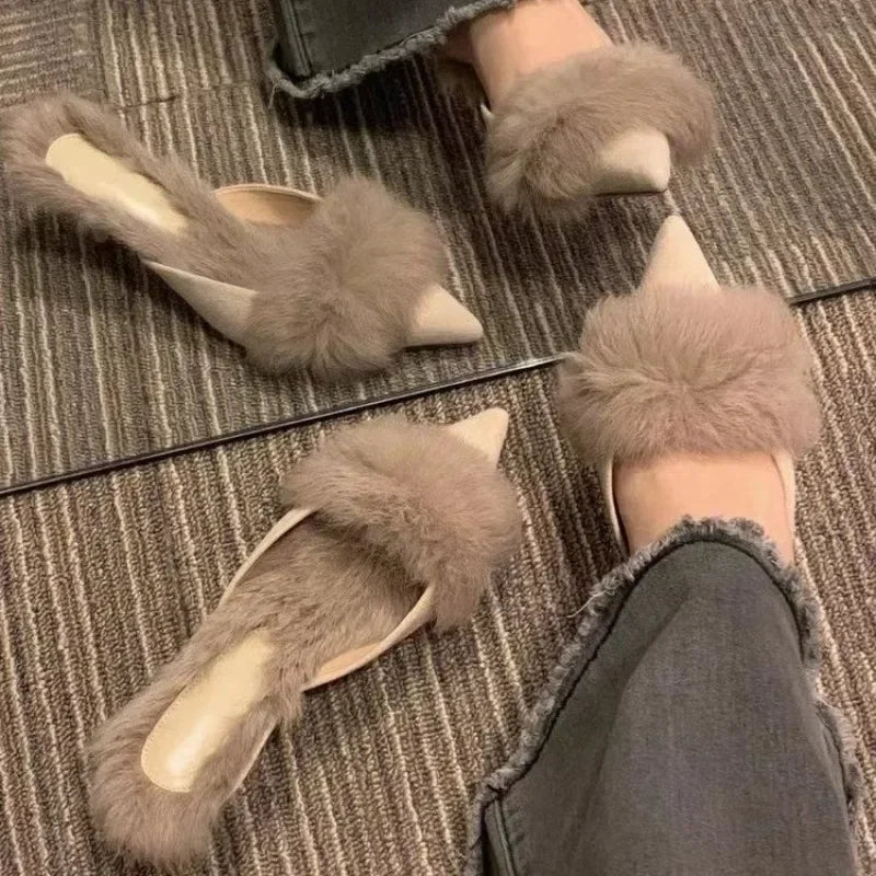 Women High Heel Shoes Fur Slippers Mules Pointed Toe Furry Slides Fashion Elegant Luxury Designer Flip Flops Office Pumps