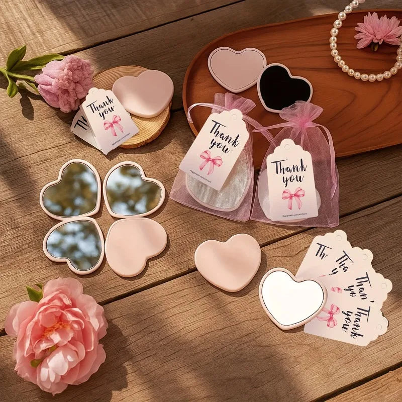 36pcs Gift Set Pink Heart-Shaped Makeup Mirror Pink Gauze Bag with Thank You Card Mini Portable Cute Mirror Wedding Party Favors