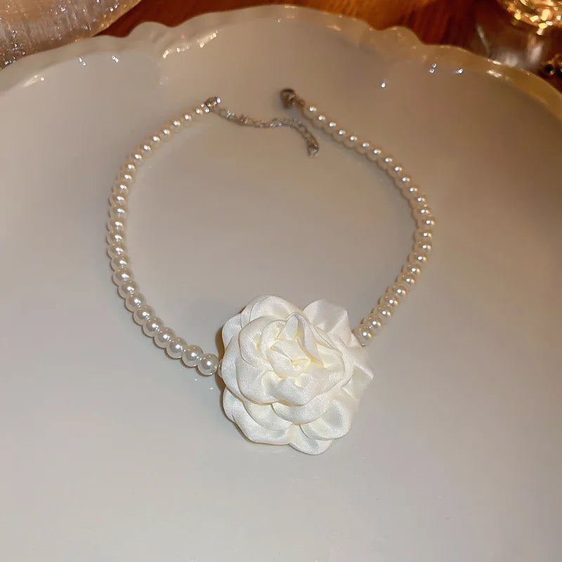 4 Pcs Jewelry Sets for Women Fabric Flowers Necklace Bracelet Earrings French Fashion Retro Style Girl Party Accessories Set