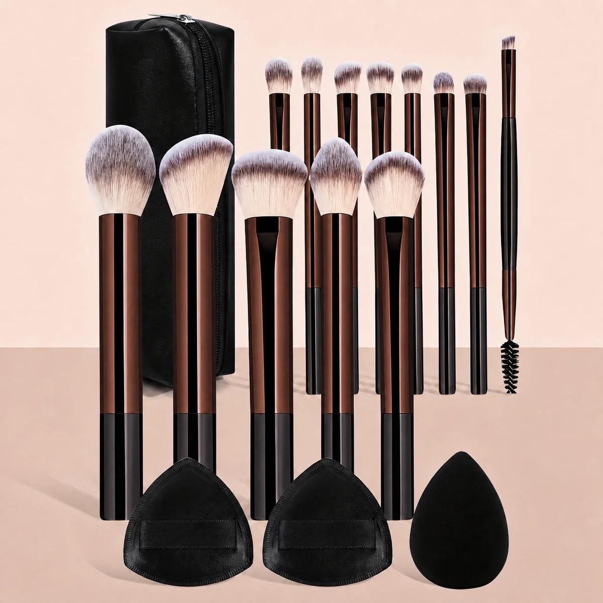 17PCS Professional Makeup Kit Including 13 Aluminum Brushes, Carry Bag & 3 Sponge Puffs, Powder, Eyeshadow, Blush and Detail Too