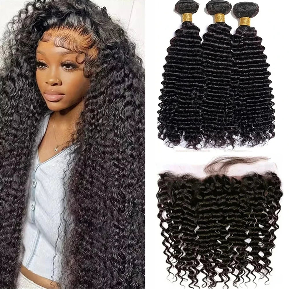 Deep Water Wave Bundles With Closure Frontal Unprocessed Raw 100% Human Hair Full And Thick 3 Bundles With 13x4 Lace Frontal