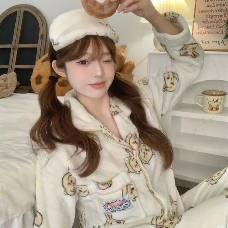 Anime Winter Girl Pajama Chiikawa Pajamas Usagi Hachiware Cartoon Pants Indoor Keep Warm Comfortable Thicken Leisure Homewear