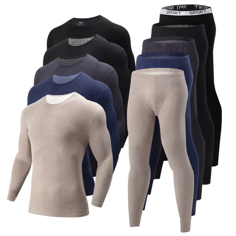 Men Winter Thermal Underwear Set Fleece Lined Slim Fit Long Johns Round Neck Long Sleeve Base Layer Warm Underwear Top & Pants F