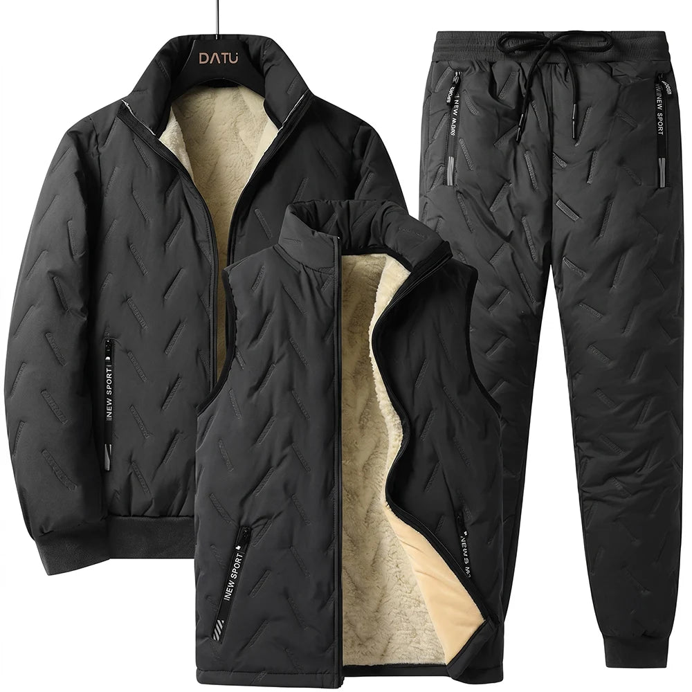 Winter Men Thermal Tracksuit 3Pcs Set, Fleece Lined Warm Quilted Coat Sleeveless Vest Elastic Waist Pants, Windproof Casual Spor