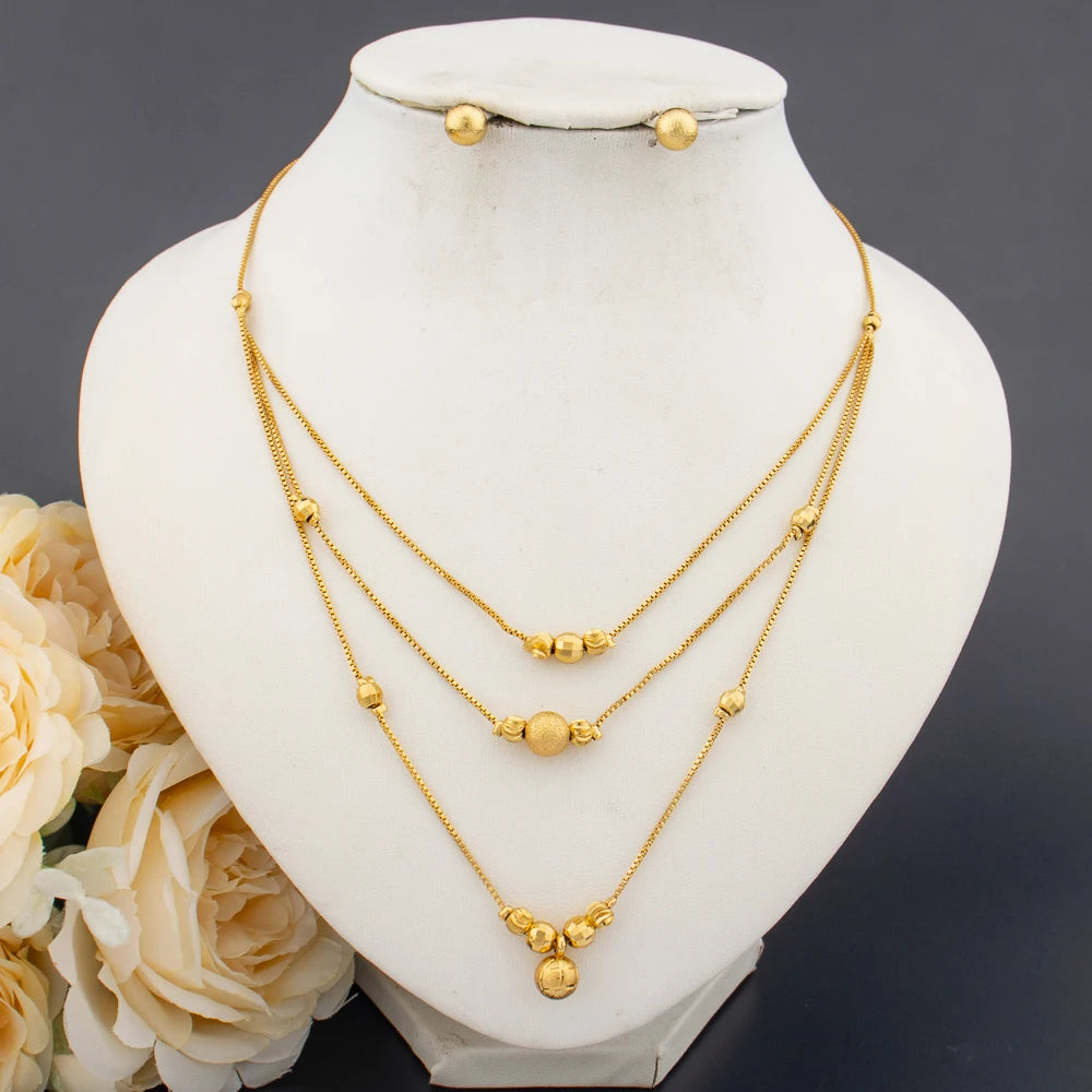 Stainless Steel Multi Strand Necklace Earring Sets Jewelry Round Bead Stud Earrings Necklace Women Party Jewelry Set Accessories