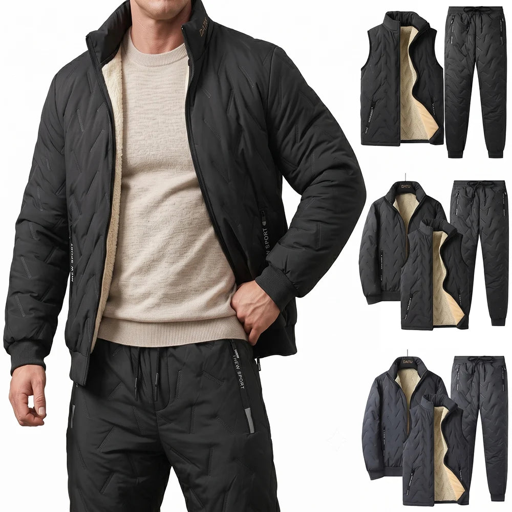 Winter Men Thermal Tracksuit 3Pcs Set, Fleece Lined Warm Quilted Coat Sleeveless Vest Elastic Waist Pants, Windproof Casual Spor