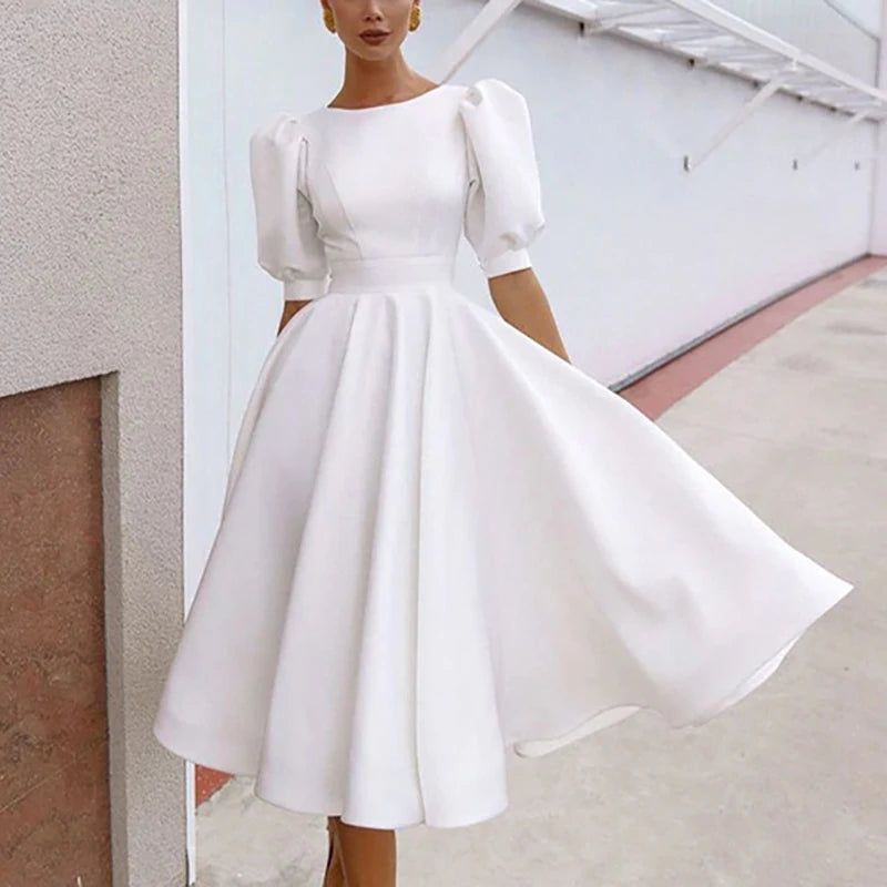 Casual Office Lady Dress Women Elegant Short Sleeve Solid A-Line Party Dresses For Women Fashion Summer Dress 2022