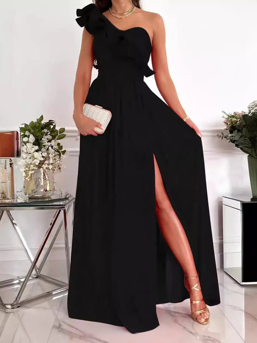 Elegant Long Single Shoulder Dress Women's Fashionable Slimming Evening Gown Versatile Daily Commute Dress Modern Style Summe...