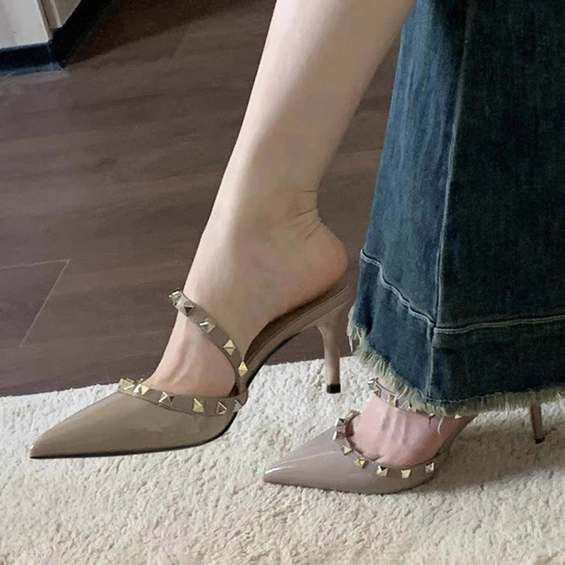 Nude High Heels for Women 2026 Autumn New Studded Pointed Toe Single Strap Slippers, Outdoor Half-Slippers for Women