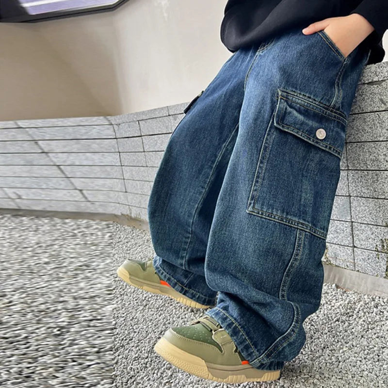 Teen Boys Jeans 2025 New Spring Autumn Pants Children's Straight Trousers Teenager Wide-legged Cargo Pants Kids Loose Clothes