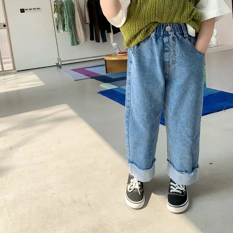 Spring Summer Autumn Kids Crimped Wide Leg Jeans Girls Loose Thin Denim Pants Children Fashion Casual Trousers 2-10 Years Girl
