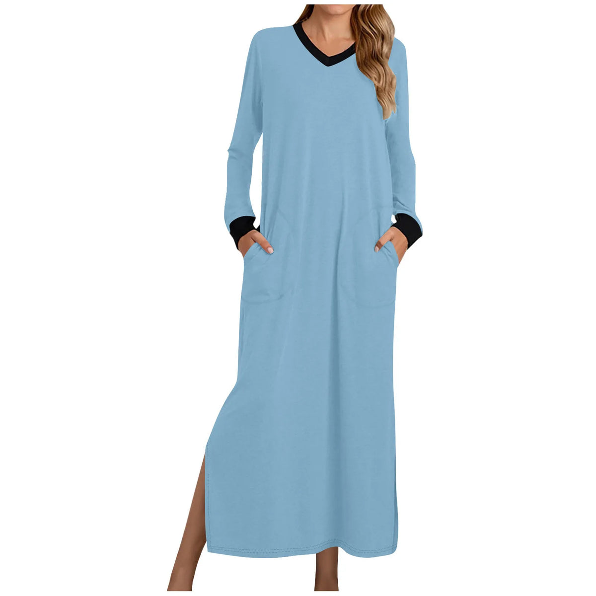 Women's Nightgowns V-Neck Long Sleeve Pajamas with Pocket Solid Color Long Dresses Sleepshirts for Women Soft Nightwear Robes