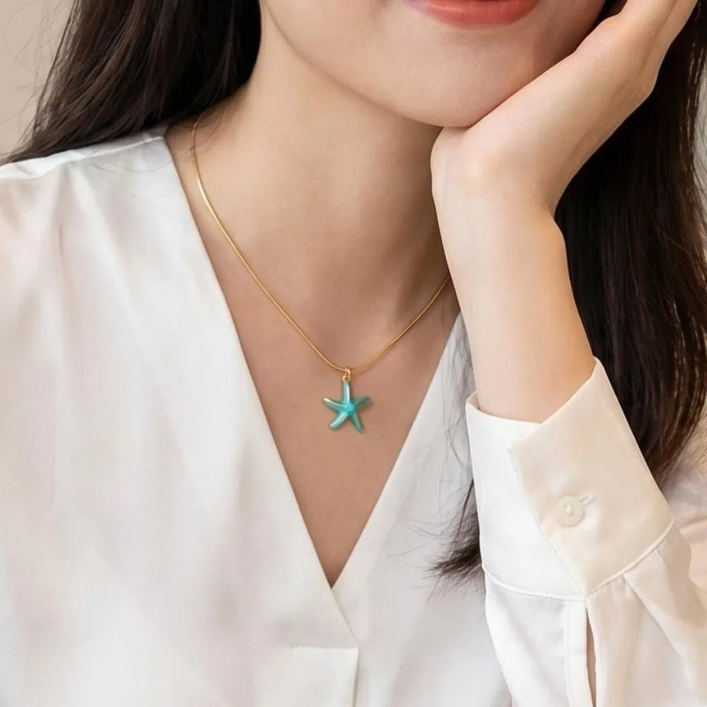 Women's Jewelry Set Bohemian Ocean Theme Jewelry Set Adjustable INS Necklace Earrings Set Blue Fashion Starfish Necklace Women