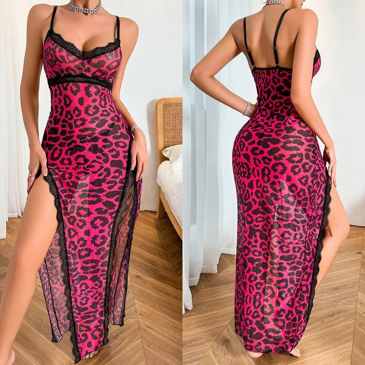 Women Casual Nightgown Sexy Sleeveless V-neck Split Lace Trimmed Hem Floral Sheer Nightdress Female Sleeping Dress Homewear