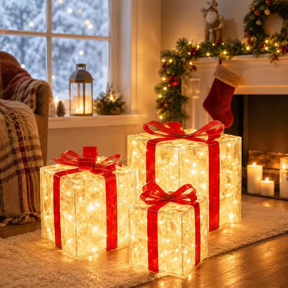 Christmas Lighted Gift Box With Bow Transparent LED Warm White Box Lights for Indoor Holiday Home Decoration Xmas Tree Ornaments