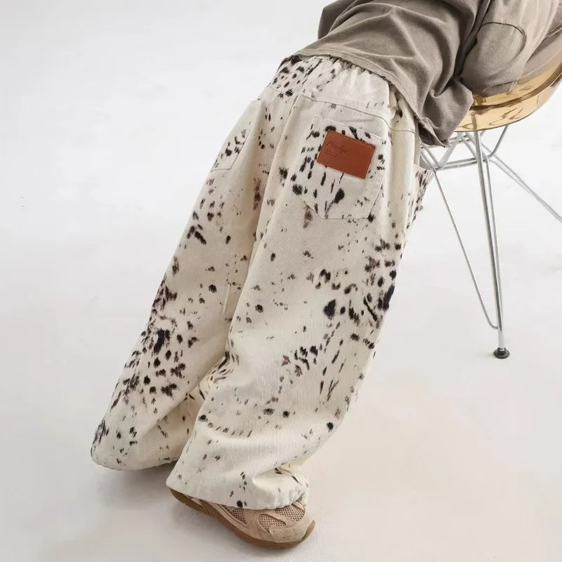 Korean Style  Boys Jeans Spring Autumn Kids Apricot Leopard Print Casual Wide Leg Pants Children Versatile Trousers 3-11Y