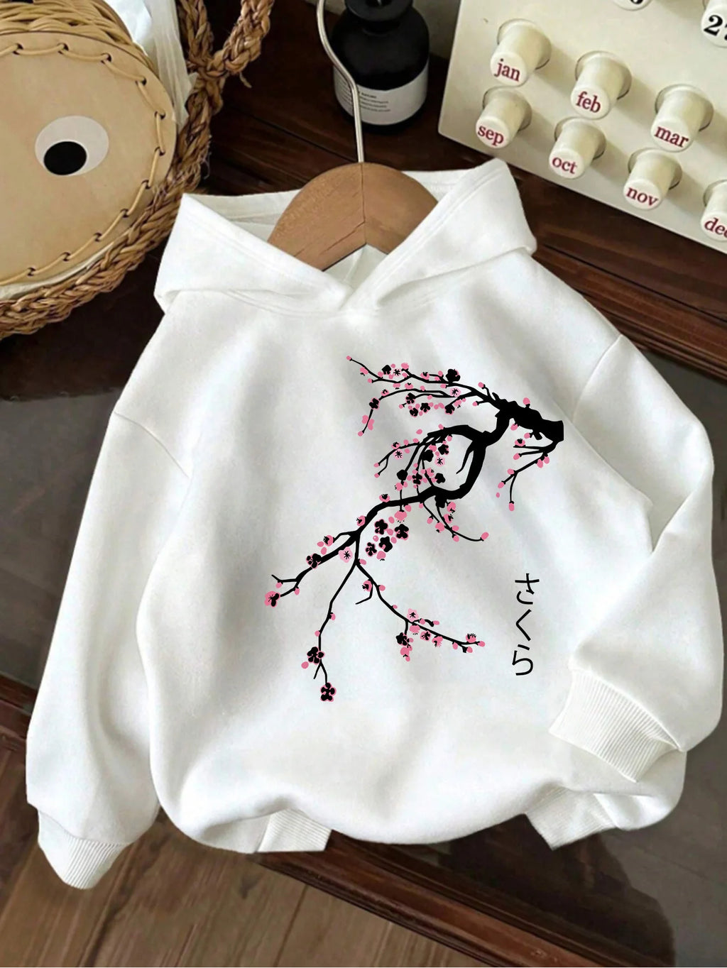 Kids' casual hoodie, Japanese style sweet cherry blossom print hooded sweatshirt, sweet and cool kids' casual top.