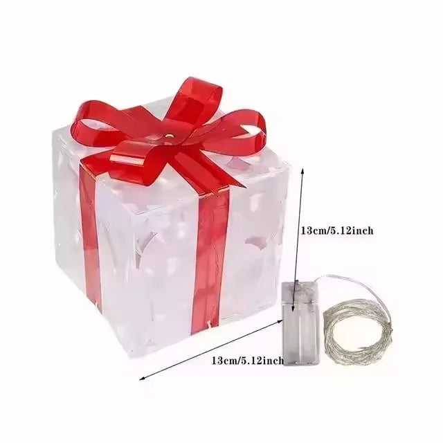 Christmas Lighted Gift Box With Bow Transparent LED Warm White Box Lights for Indoor Holiday Home Decoration Xmas Tree Ornaments