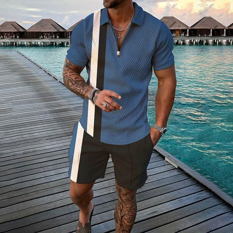 Men's Clothing Tracksuit Sets 3D Print Color Squares Pattern Casual Zipper Polo Shirt And Shorts 2pcs Sets Trend Streetwear Man