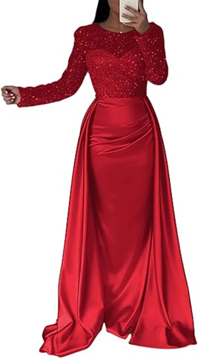 2026 Elegant Evening Dresses Women's Chic Sequin Splice O-neck Long Sleeve Pleated Maxi Dress Sexy High Waist Slim Banquet Gowns