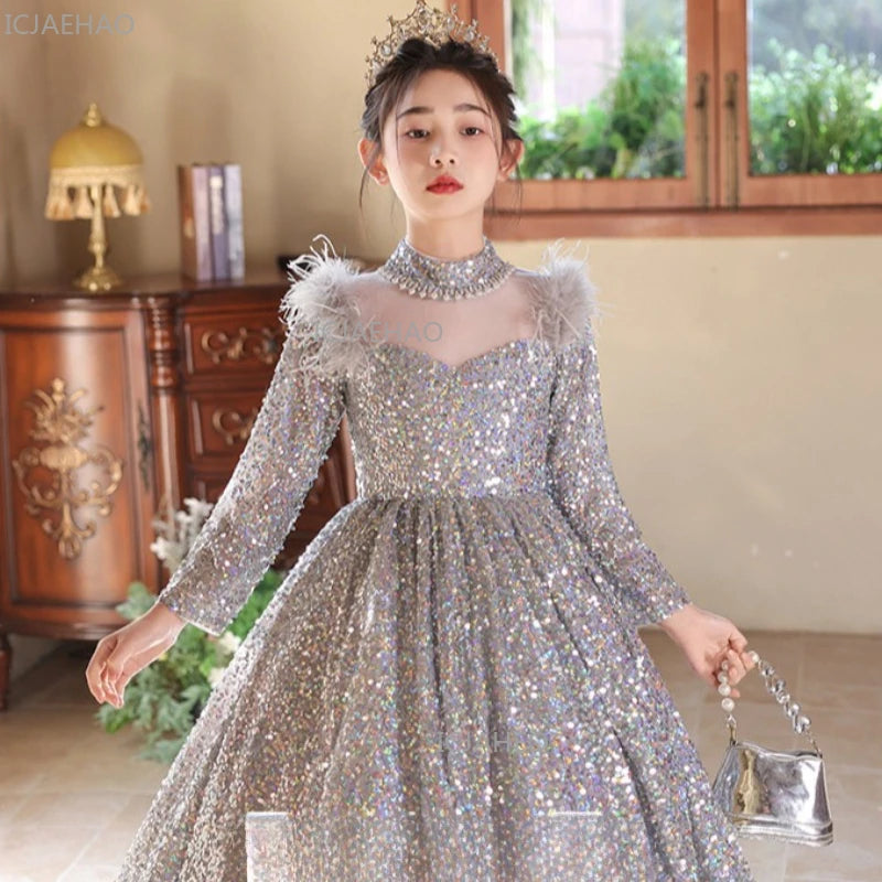 2026 New Girls Sequin Princess Dress Kids Evening Gown Flower Girl Host Performance Outfit Pageant Formal Children Party Costume