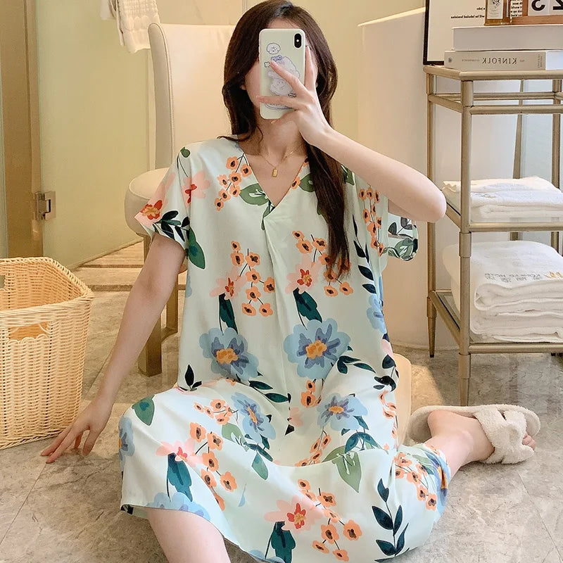 Night Dress Women Nightgowns Lace Sleepwear Floral Print Nightwear Women's Home Clothing Sleepwear Female Sexy Lingerie Gown