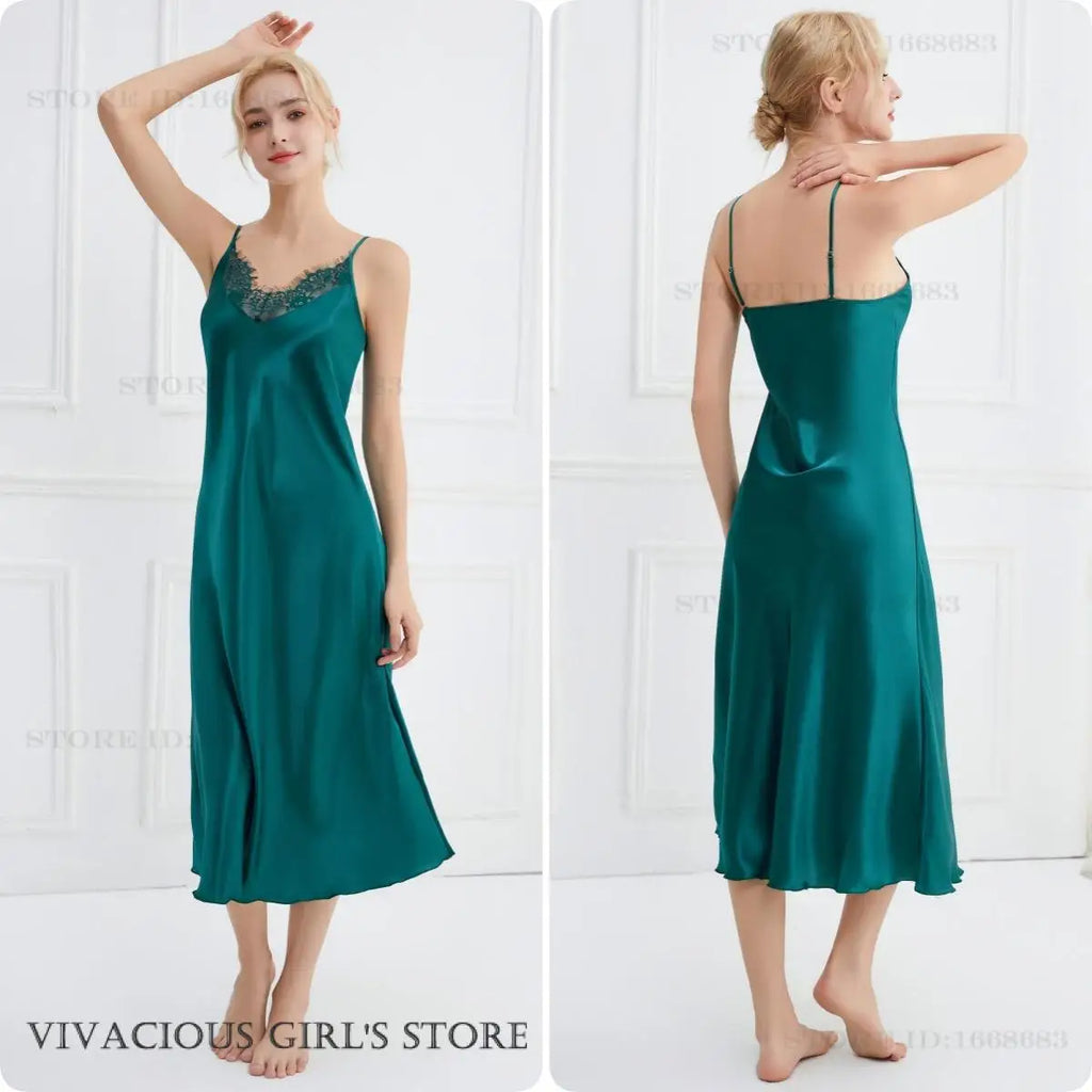 Sexy Women Long Nightgown Intimate Lingerie Patchwork Lace Suspender Nightdress Chemise Sleepwear Loungewear Silk Satin Homewear
