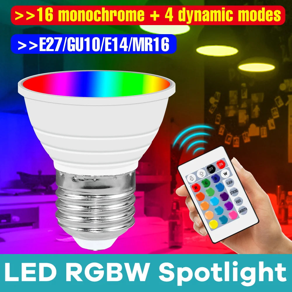 LED Spotlight E27 RGB Bulbs MR16 AC85-265V Mood Lights GU10 Colorful Lamps Bulb 16Colors Change 24-Key Remote Control GU5.3