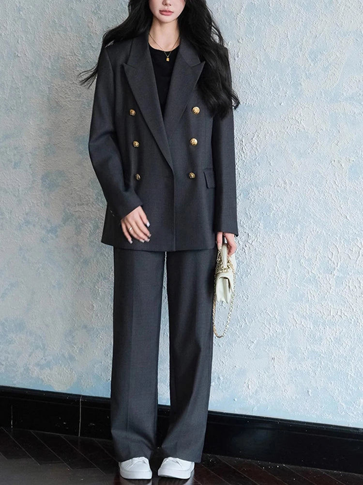 Trendiger Hosenanzug für Damen im Business-Look mit fallendem Revers, zweiteilig, Herbst/Winter 2024 – neue klassische Mode, locker geschnitten und vielseitig kombinierbar