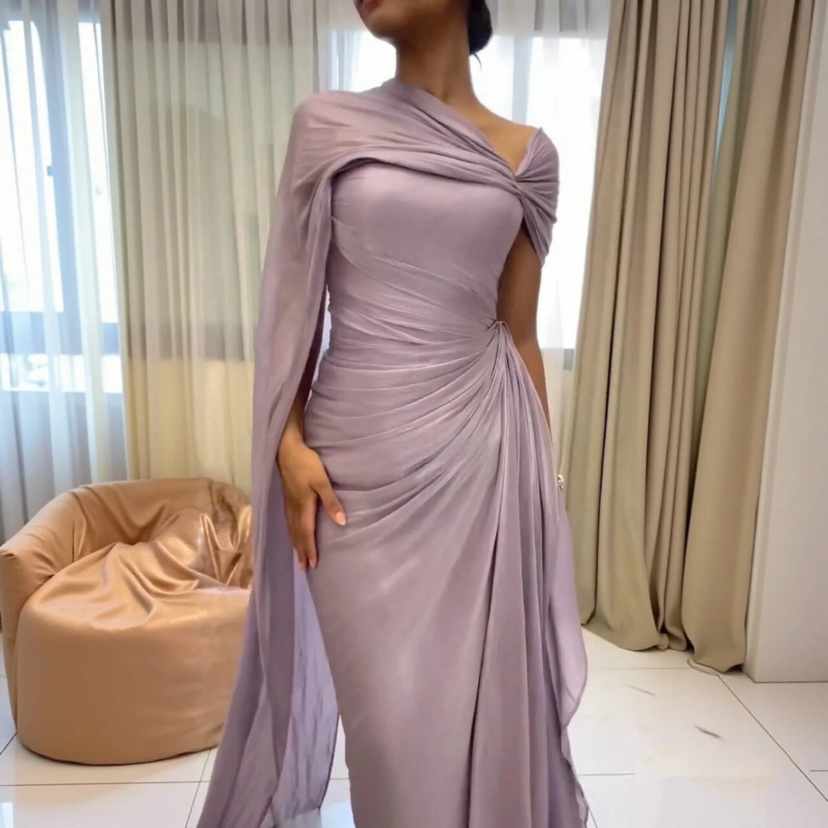 Women Elegant Dresses One Shoulder Dusty Pink Evening Gown Chiffon Ruched Cape Sash Wedding Guest Bridesmaid Dress