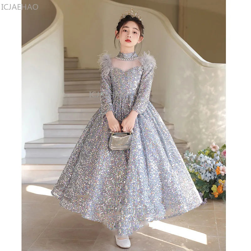 2026 New Girls Sequin Princess Dress Kids Evening Gown Flower Girl Host Performance Outfit Pageant Formal Children Party Costume