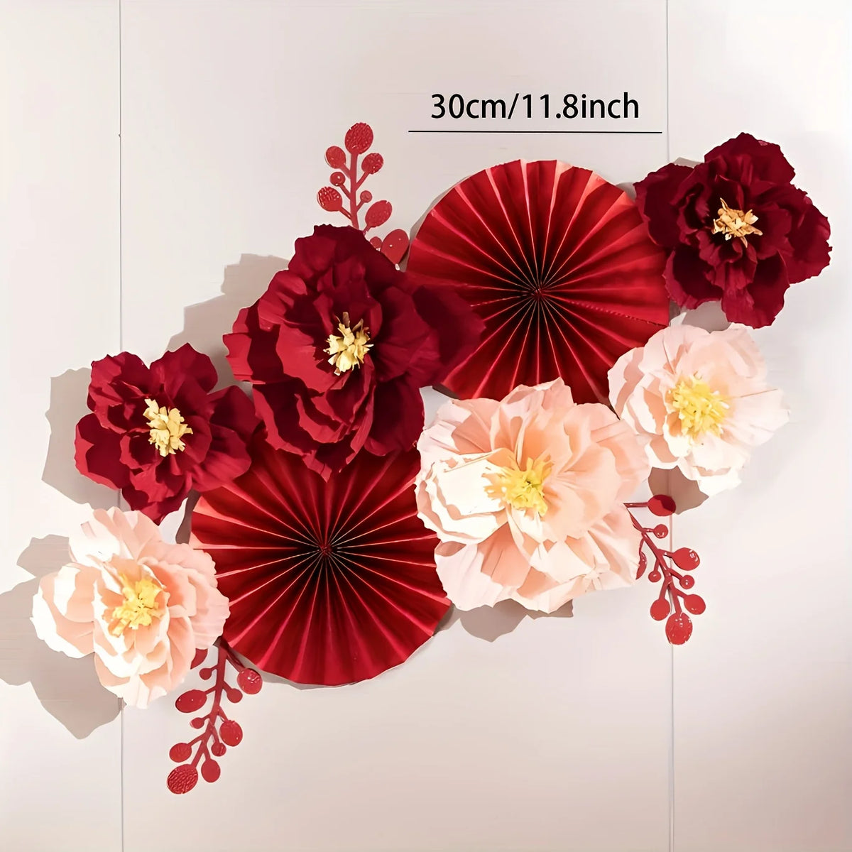 11pcs Large Size Red and Pink Contrast Paper Flower Fan Set, Essential for Wedding, Engagement Party Background Wall Decoration,