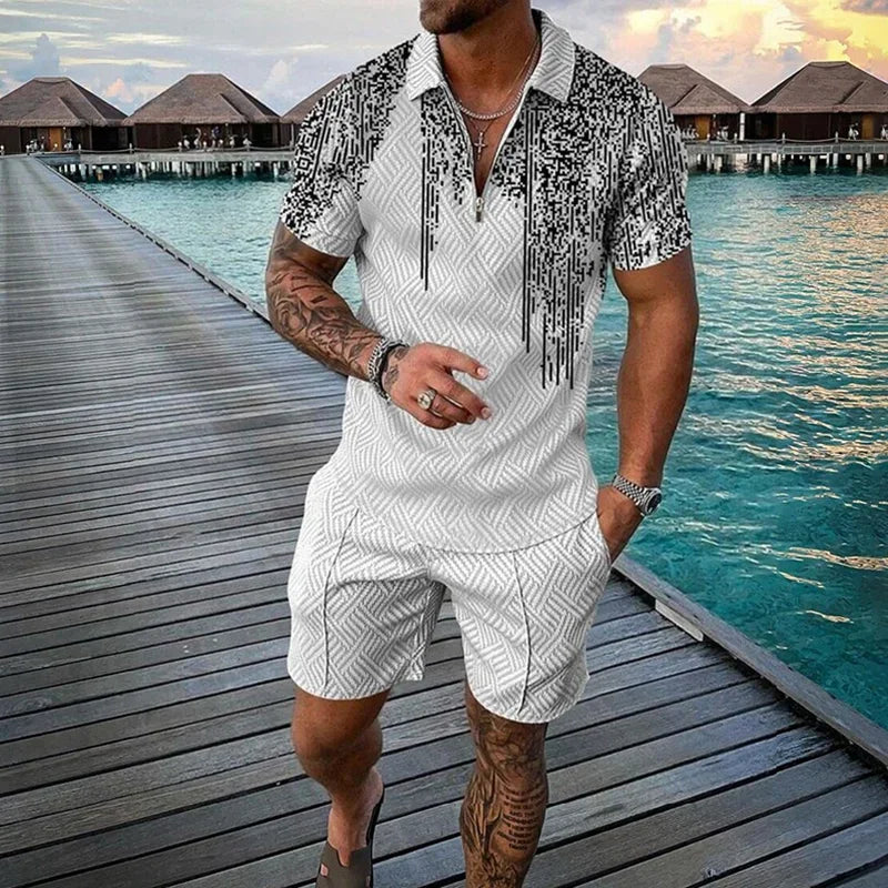 Men's Clothing Tracksuit Sets 3D Print Color Squares Pattern Casual Zipper Polo Shirt And Shorts 2pcs Sets Trend Streetwear Man