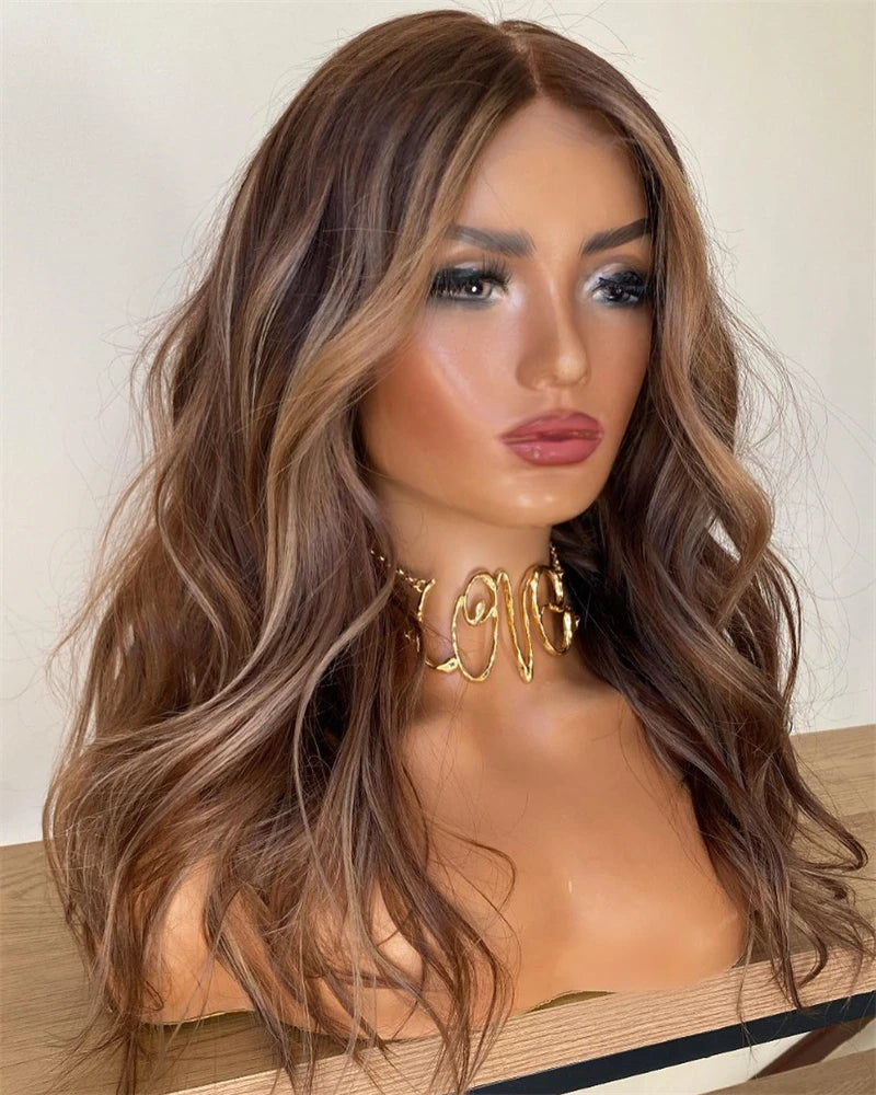 High Quality Synthetic Wig 13x4 Balayage Ombre Brown Blonde Wig with Dark Roots Synthetic Mix Human Hair Wig Preplucked Hairline