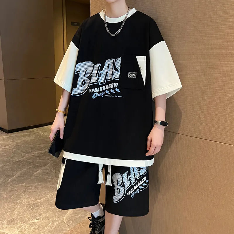 Men's 2-Piece Summer Streetwear Fashion Set - Short Sleeved T-Shirts & Knee-Length Shorts Casual Tops Tees And Pants for Youth