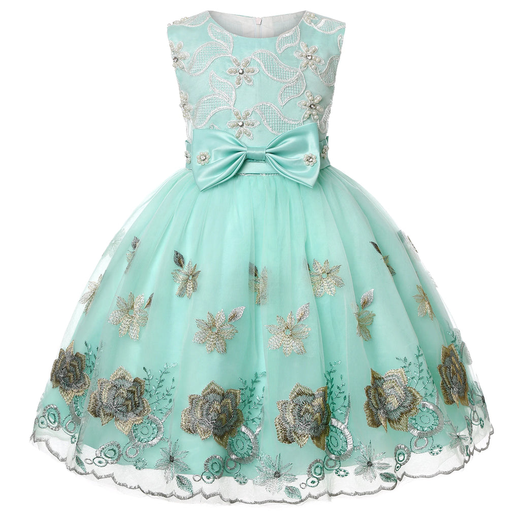 Princess Party Dress for Girls European American Embroidery Lace Net Gauze Flower Child Dress Elegant Frock with Puffy Sleeves