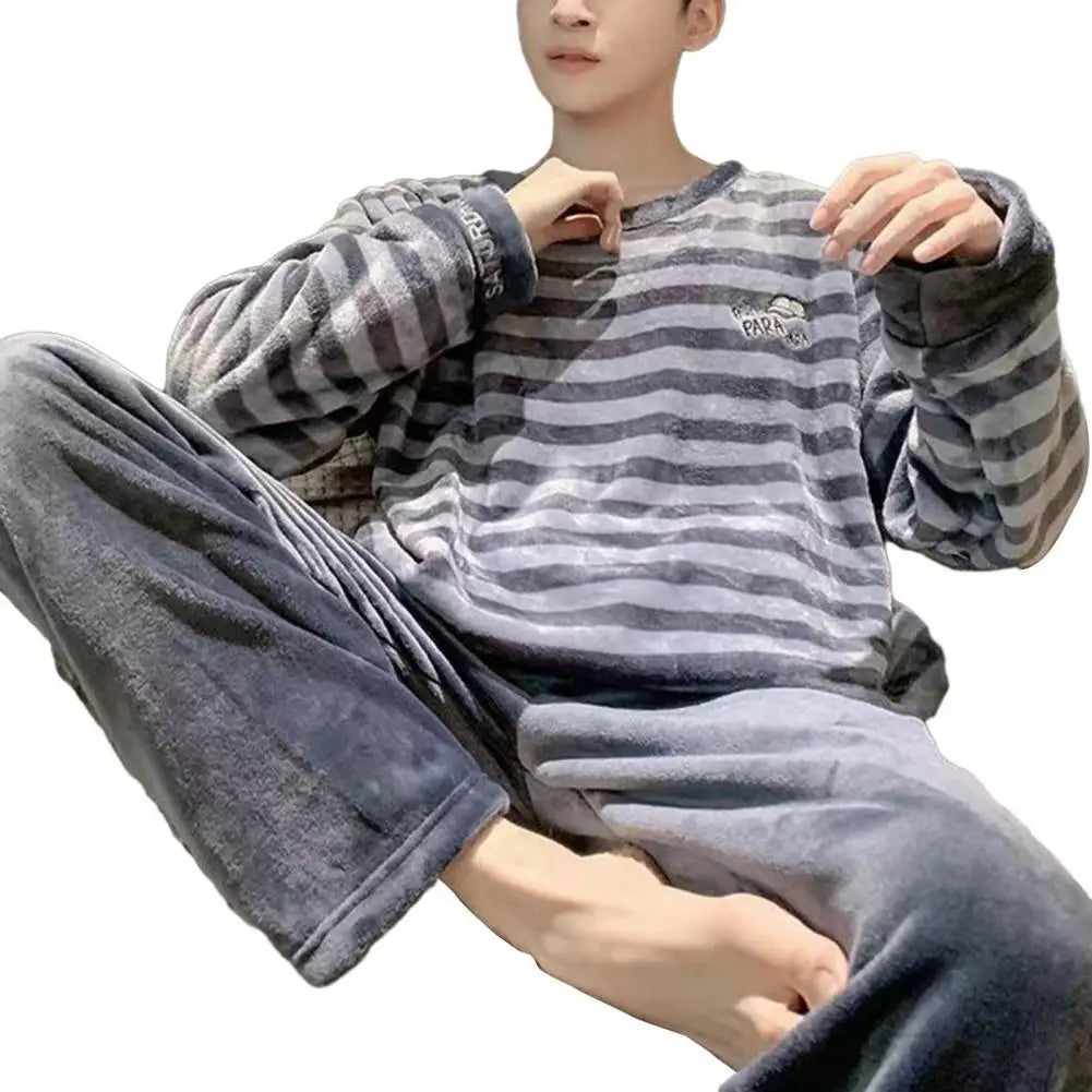 Men Pajamas Cozy Men's Winter Pajama Set Striped Round Neck Thick Coral Fleece Elastic Waist Warm Homewear Sleepwear for Fall
