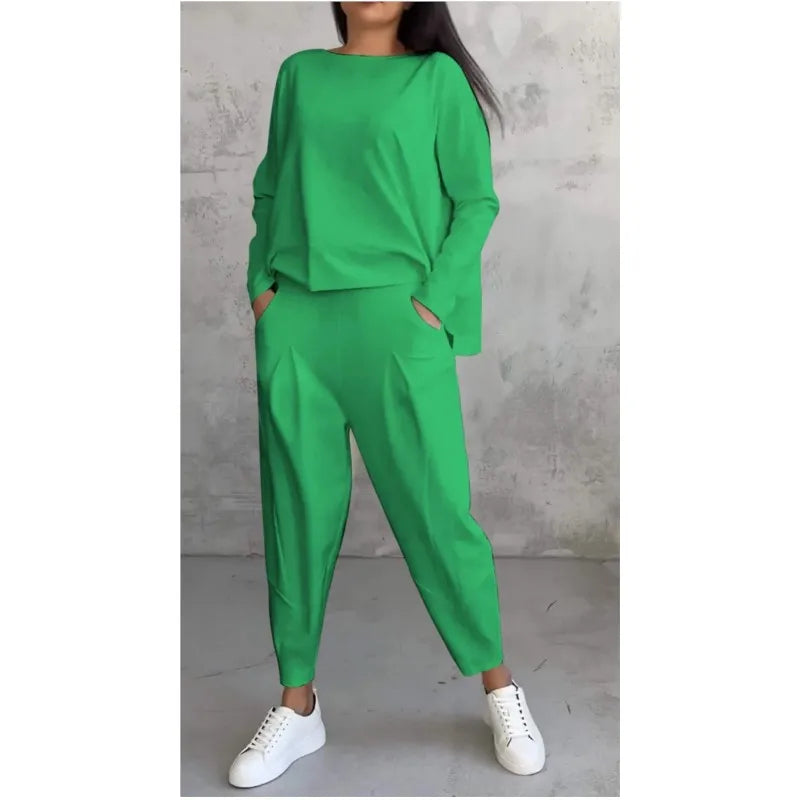 Women Office 2 Piece Set Autumn New Solid Long sleeve Hoodie&Pants Suits Women's Loose Fashion Pocket Small Feet Trousers Sets