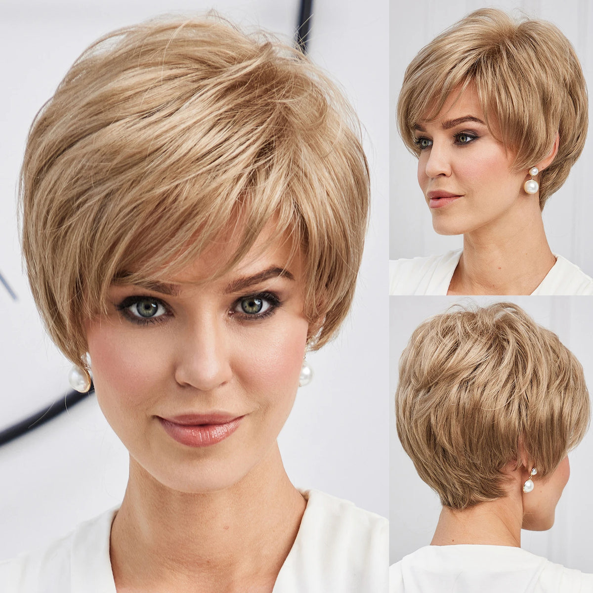 Short Pixie Cut Ash Blonde Wigs for Women with Bangs Blonde Natural Layered Blend Hair Kanekalon Human Hairs Like Texture Wigs