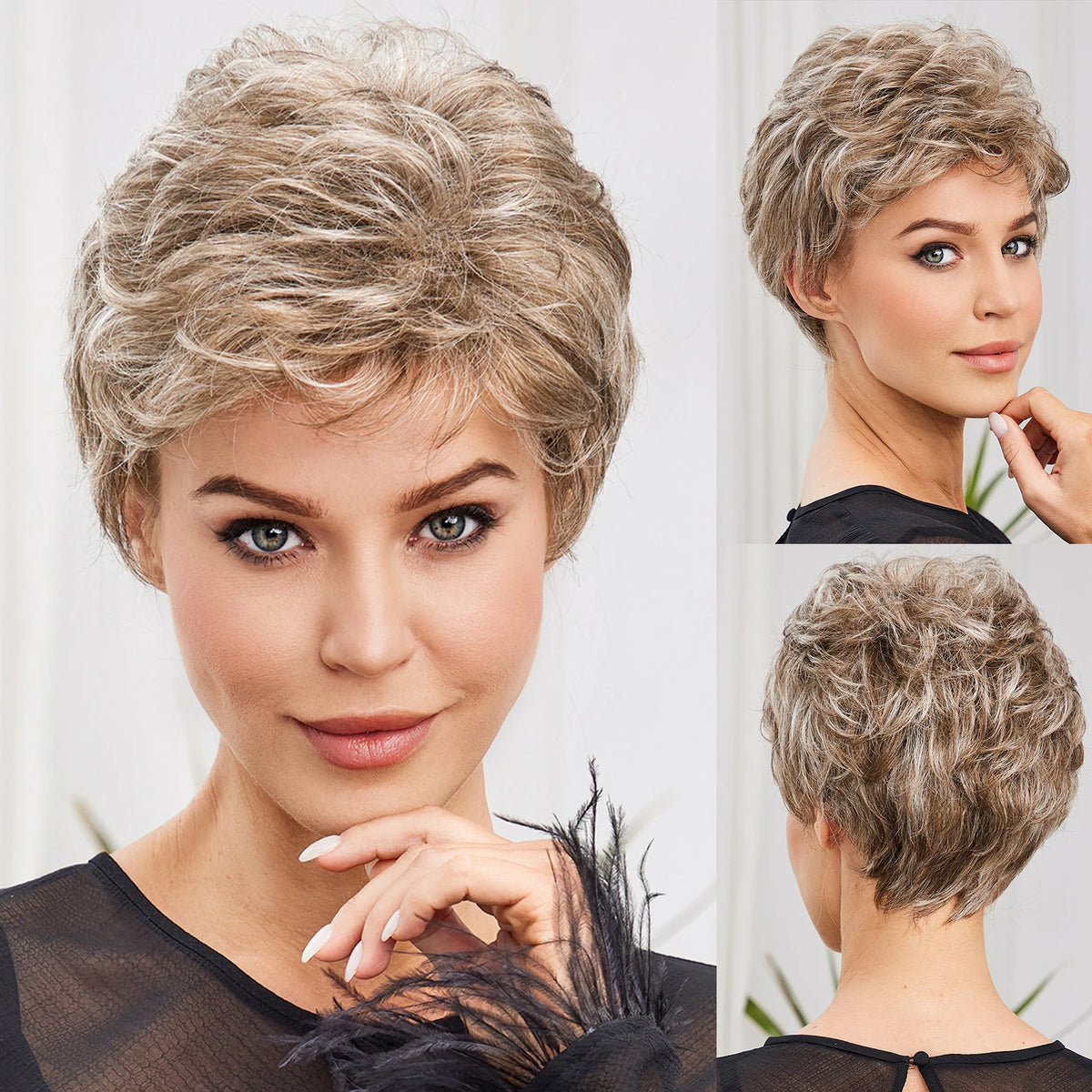 Short Pixie Cut Ash Blonde Wigs for Women with Bangs Blonde Natural Layered Blend Hair Kanekalon Human Hairs Like Texture Wigs