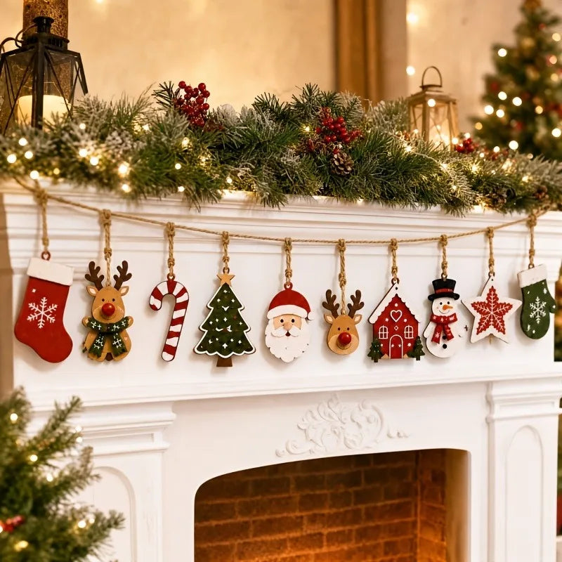 10 pieces Christmas wood decoration, Santa Claus, reindeer, Christmas tree, stars, etc., winter/Christmas house party decoration