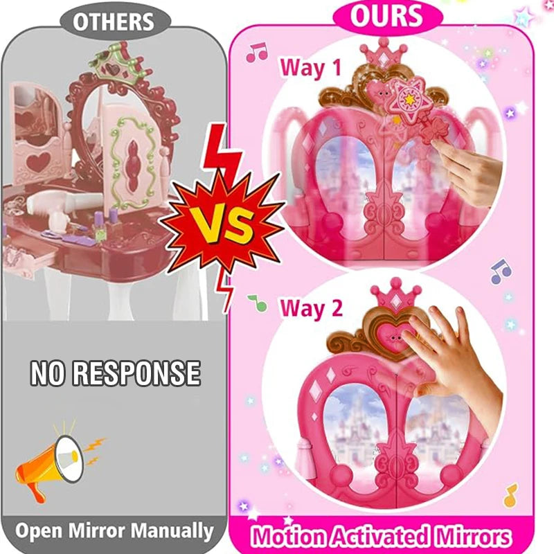 Princess Vanity Table Playset Kids Induction Open Beauty Dresser with Light and Music Pretend Makeup Hair Styling Toy for Girls