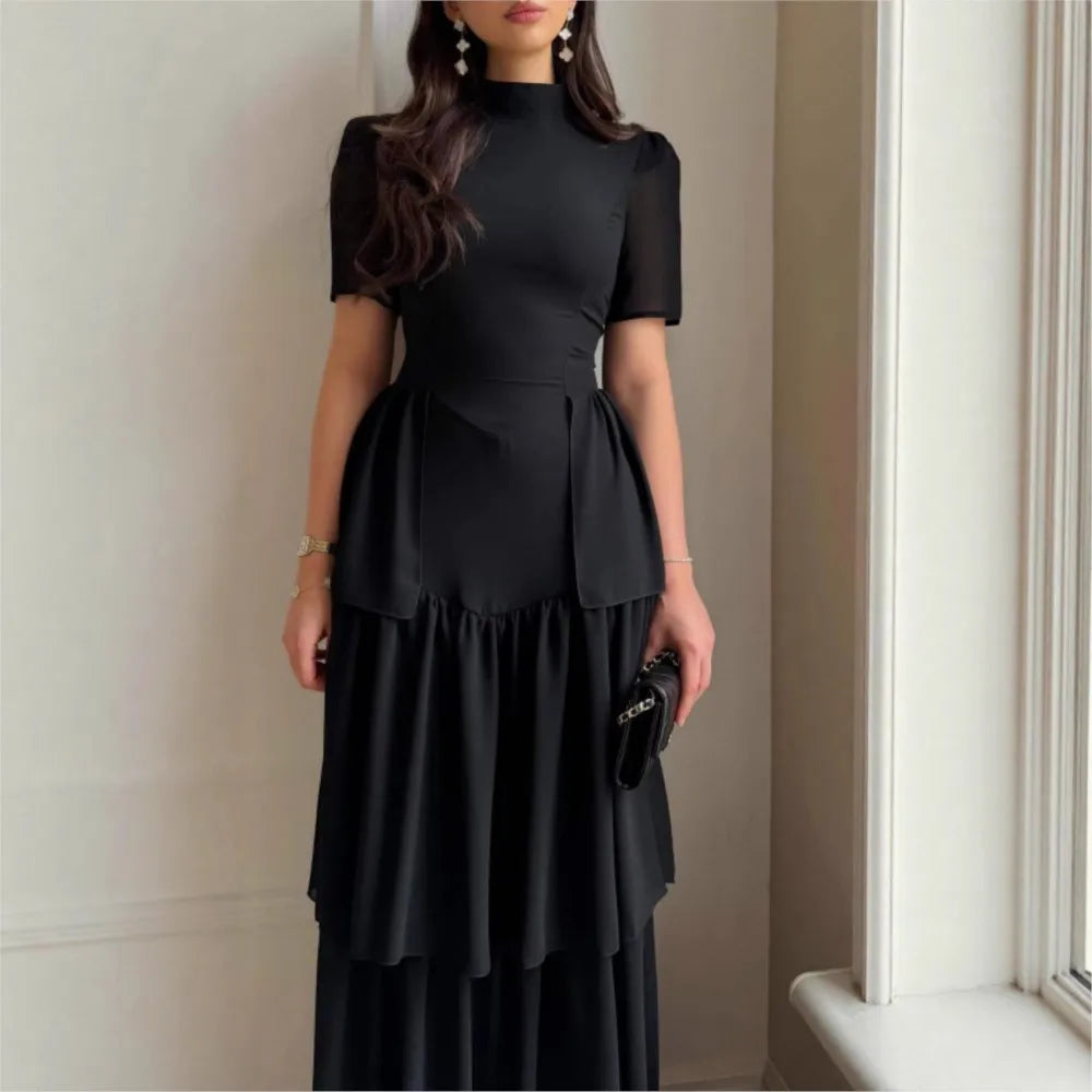 2026 Elegant Dresses For Woman Party Wedding Evening Dress Vestido Temperament Retro Short Sleeves Pleated Solid Color Slim Chic