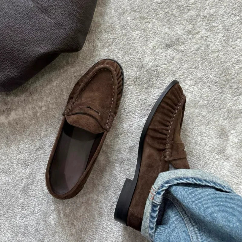 Round-toed loafers for women with pleated low heels Retro Brown Ladies Shoes Woman Fashion Brand Designer Shoes for Women